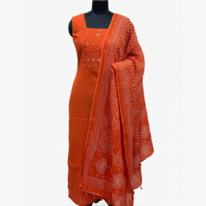 Elegant Burnt Orange Bandhani Salwar Kameez Set with Hand-Embroidered Yoke
