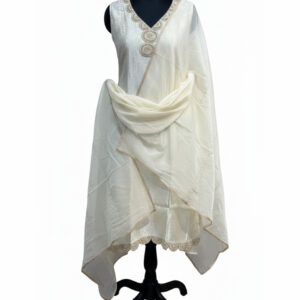 Ivory Shimmer Chanderi Suit with Pearl-Encrusted Scallop Neckline and Hem