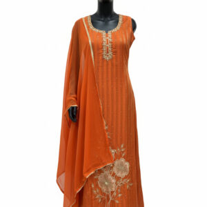 Rust Orange Striped Organza Suit with Floral Zardosi Work and Crystal Neckline