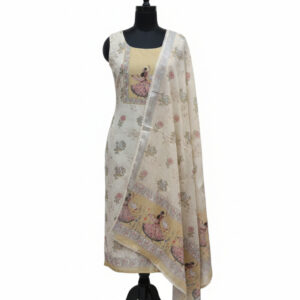 Cream Hand-Painted Kathak Dancer Suit Set with Floral Embroidery and Scalloped Lace