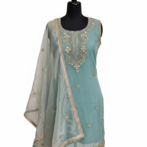 Seafoam Green Organza Suit with Ornate Gold Zari and Sequin Neckline Embroidery