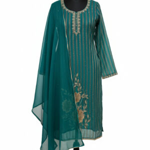 Emerald Green Striped Organza Suit with Ornate Crystal Neckline & Gold Floral Zardosi