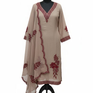 Nude Beige Shimmer Silk Suit with Deep Wine Floral Embroidery and Scalloped Edging