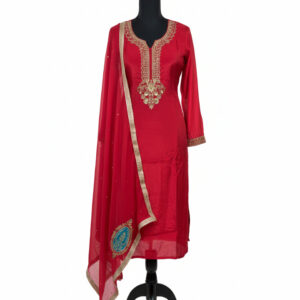 Radiant Crimson Silk Suit with Ornate Gold Zari and Teal Blue Jewel Accent