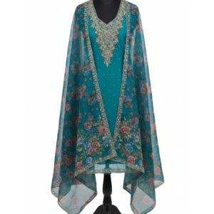 Exquisite Teal Tissue Organza Suit with Floral Artistry