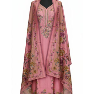 Elegant Rose Khadi Maslin Suit with Roman Silk Accents