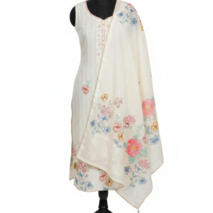 White Floral Khadi Cotton Suit with Delicate Mirror & Tassel Accents