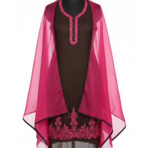 Modern Chocolate & Neon Pink Silk Suit with Intricate Thread-work