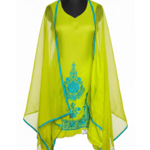 Radiant Lime-Yellow Organza Suit with Turquoise Artisan Work