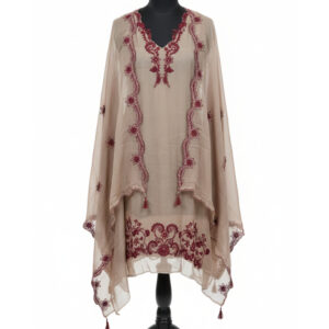 Timeless Beige Organza Suit with Ornate Wine Embroidery