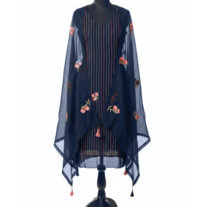 Ethereal Teal Organza Suit with Botanical Floral Art