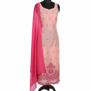 Peach Glass Organza Suit with Tonal Pink Floral Embroidery and Scalloped Hem