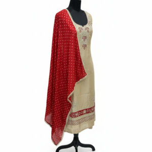 Champagne Shimmer Silk Suit with Deep Wine Floral Embroidery and Heavy Banarasi-Style Dupatta