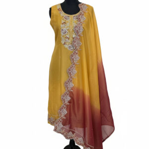 Yellow & Maroon Ombre Shimmer Suit with Intricate Floral Zari and Scalloped Embroidery
