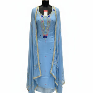 Sky Blue Organza Suit with Royal Blue Floral Embroidery and Gold Zari Work