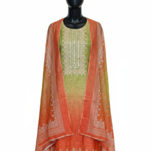 Olive & Rust Ombre Jamdani Cotton Suit with Mirror-Work Yoke and Lace Details