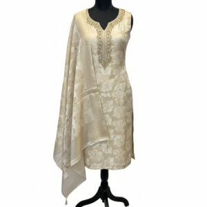 Champagne Gold Self-Print Shimmer Silk Suit with Ornate Embroidered Neckline