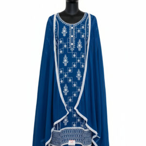 Sky Blue Organza Suit with Royal Blue Floral Embroidery and Detailed Rayon Bottom