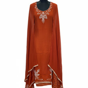 Sunset Orange & Olive Ombre Jamdani Cotton Suit with Mirror-Work Yoke