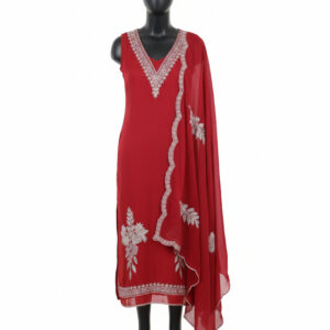 Exquisite Crimson Silk Suit Set with Intricate Embroidery