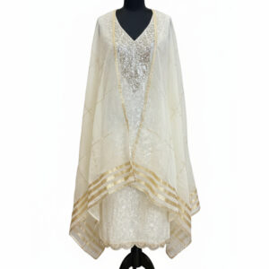 Timeless Elegance: Cream Self-Print Suit with Heavily Embellished Neckline