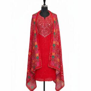 Radiant Red Chikankari & Jaipuri Mirror-Work Ensemble