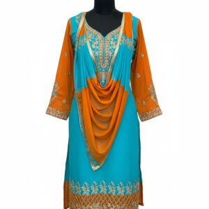 Vibrant Sky Blue & Burnt Orange Organza Suit Set