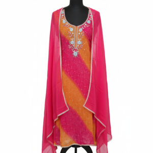 Radiant Magenta & Orange Leheriya Style Organza Suit Set