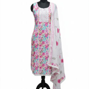 Floral Radiance: Pure Cotton Pink & Blue Botanical Suit Set