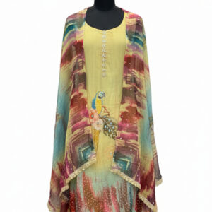 Whimsical Lime-Yellow Burberry Suit with Parrot Art & Mirror Work