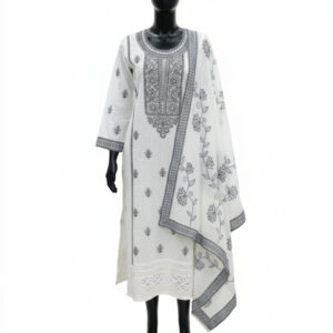 Graceful White Cota Doriya Suit with Intricate Charcoal Embroidery
