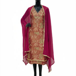 Sophisticated Mauve Organza Suit with Botanical Prints & Artisan Work