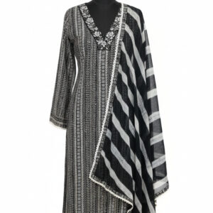 Midnight Rose: Premium Cotton Suit with Fuchsia Crochet Lace