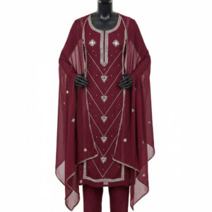Imperial Wine Crunchy Silk Suit with Geometric Silver Work