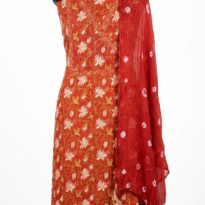 Crimson Red Floral Premium Cotton Suit with Angrakha-Style Neckline and Bandhani Dupatta