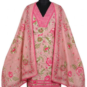 Dusty Rose Floral Print Cotton Suit with Scalloped Embroidery