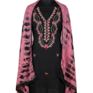 Midnight Black Organza Suit with Pink Floral Embroidery & Tie-Dye Dupatta