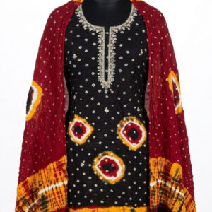 Midnight Black Organza Suit with Floral Embroidery & Tie-Dye Dupatta