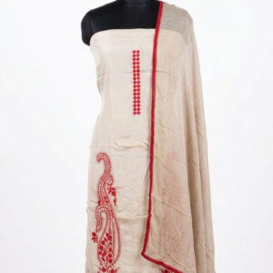 Beige & Crimson Elegance: Organza Suit with Ornate Paisley Art - NCME