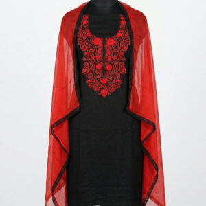 Midnight Black Organza Suit with Crimson Kashmiri-Style Embroidery