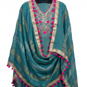 Teal Shimmer Silk Suit with Mirror Work & Fuchsia Pom-Pom Accent