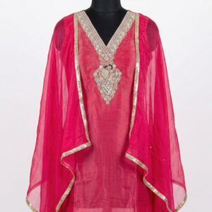 Magenta Burbery Shimmer Silk Suit with Peacock Zardosi Embroidery