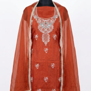 Rust-Orange Soft Burberry Silk Suit with Intricate White Thread-Work