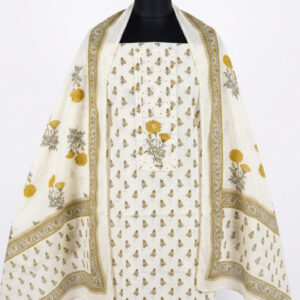 Cream & Mustard Marigold Print Muslin Silk Suit with Pure Dupatta