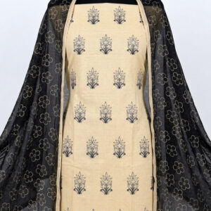 Beige & Black Hand-Woven Cotton Suit with Intricate Thread-Work