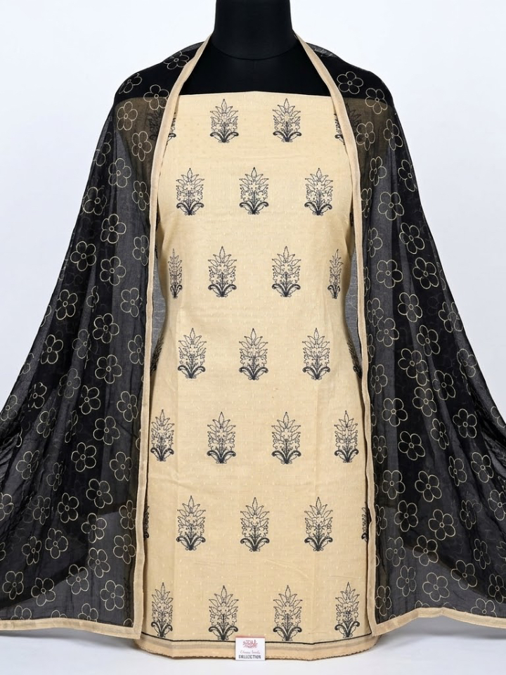 Beige & Black Hand-Woven Cotton Suit with Intricate Thread-Work
