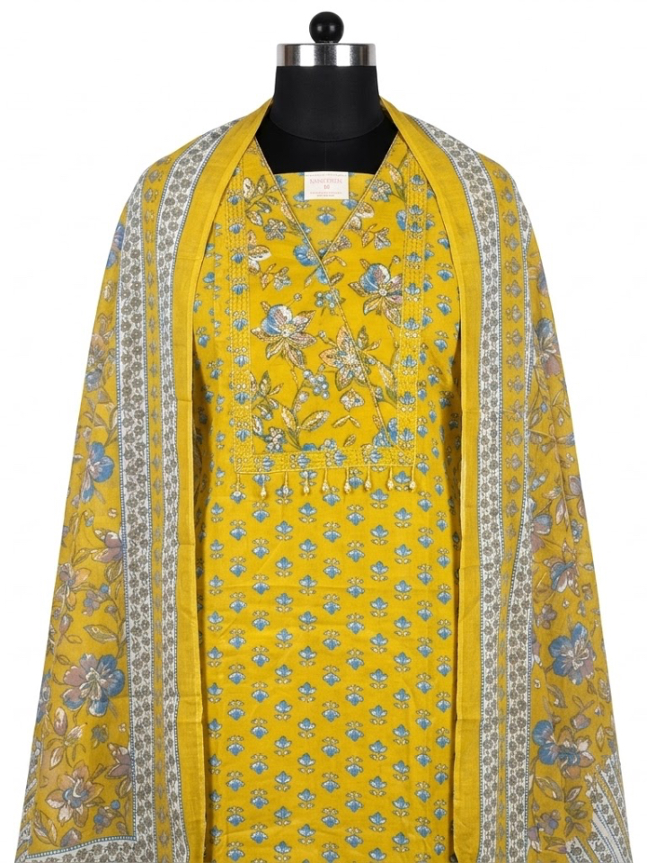 Mustard Meadow Premium Cotton Suit with Angrakha Neck & Pearl Tassels