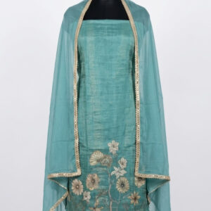 Sea Green Organza Silk Suit with Hand-Painted Style Floral Hem