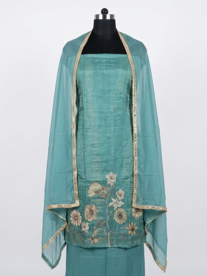 Sea Green Organza Silk Suit with Hand-Painted Style Floral Hem