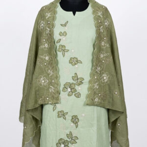 Sage & Olive Green Mal Cotton Suit with Scalloped Floral Embroidery